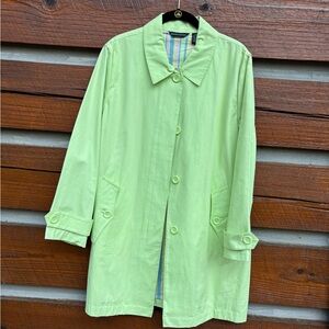 Women’s long button down jacket. Size small.  Green with pastel stripe.